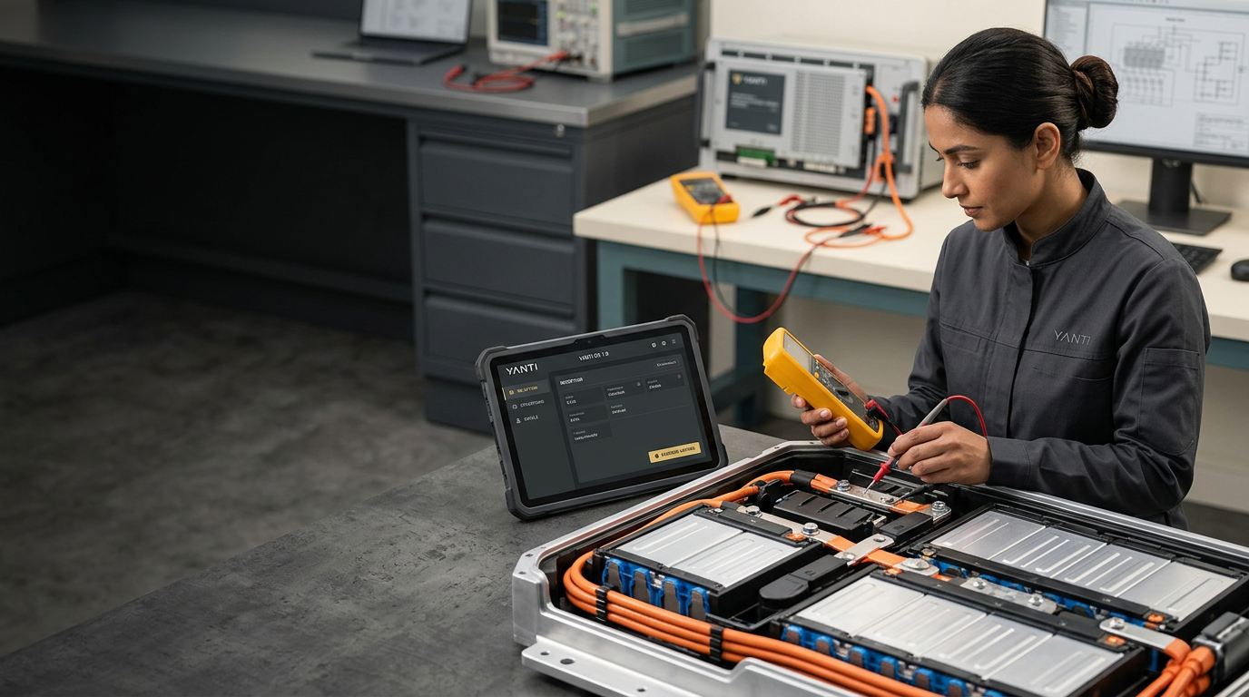 Technician examining an exposed lithium-ion battery pack with YANTI OS on a tablet